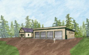 Rendering of new fire station and Pownalborough Hall from South